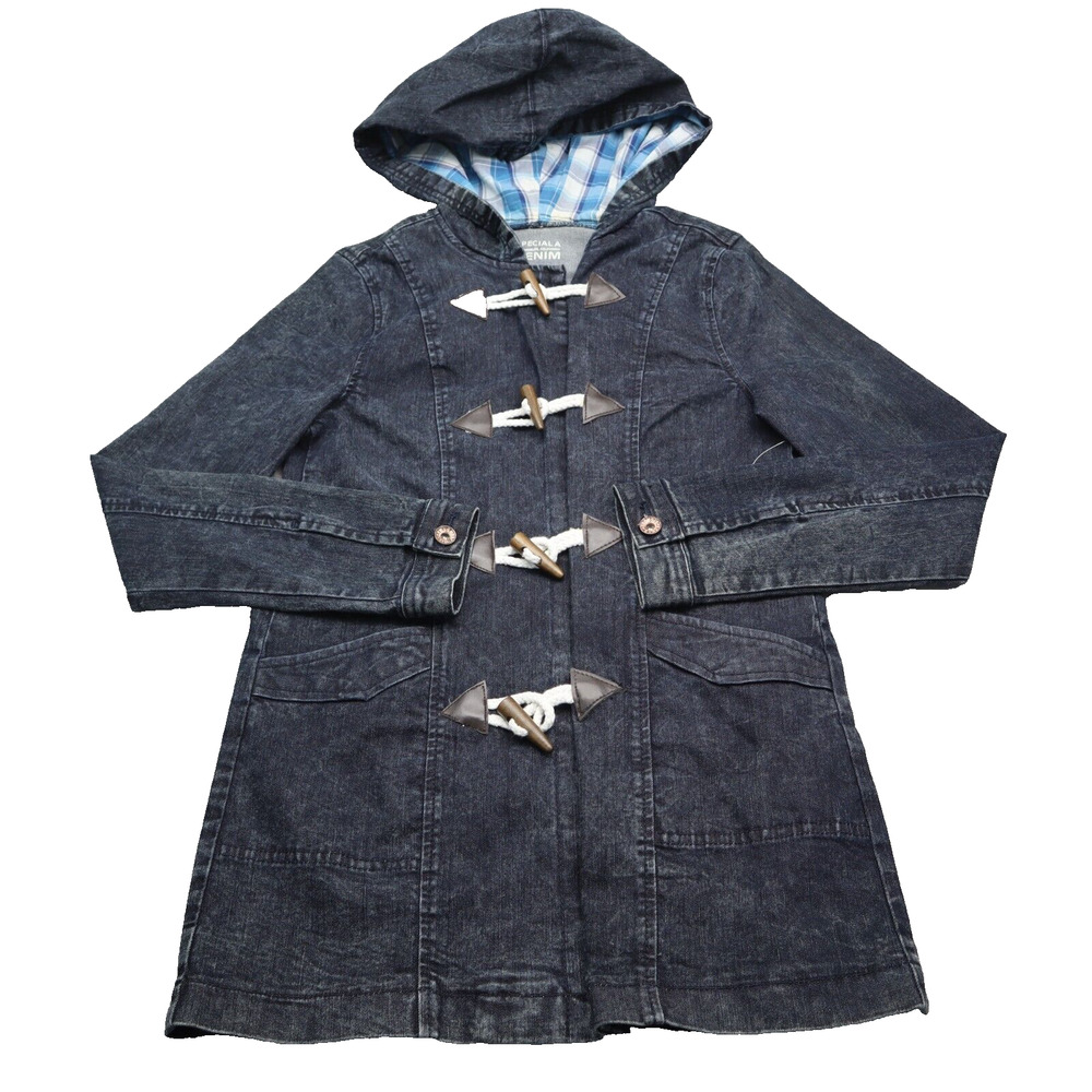 Special A Jacket Womens S Blue Long Sleeve Plaid Hooded Toggle Pocket Denim